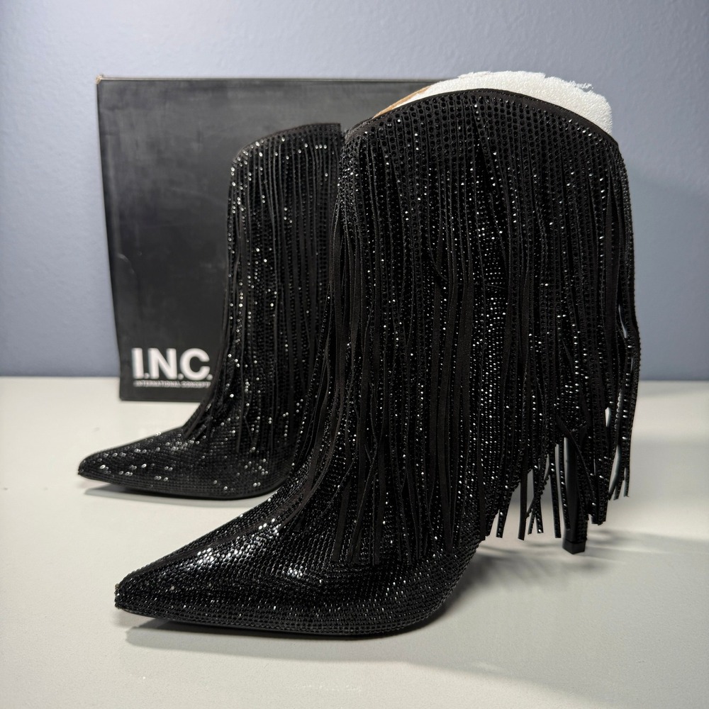 INC Black Rhinestone Fringe‎ Ankle Boots 4" Heel Stiletto 8.5M - Picture 3 of 9